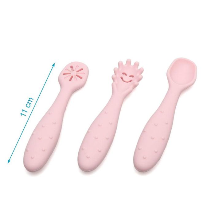 KioKids Set de 3 Cubiertos de Silicona Rosa para Bebé Lovely Friends, Pre-Cuchara, Cuchara y Pre-Tenedor, +6 Meses, 11 cm