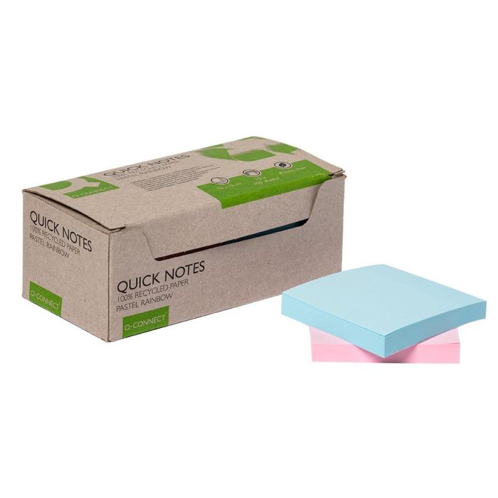 Bloc De Notas Adhesivas Quita Y Pon Q-Connect 76x76 mm 100% Papel Reciclado Colores Pasteles En Caja De Carton 12 unidades 1