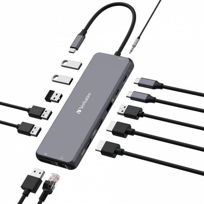 Verbatim 2 x HDMI, 8K30Hz, 1 x DP, 8K/30Hz, 1 x RJ45, up to 1Gb/s, 3 x USB-A 3.2 Gen 1, 5Gb/s, 1 x USB-A 3.2 Gen 2, 10Gb/s, 2 x USB-A 2.0, 480Mb/s, 1 x Audio, in & out, 2 x USB-C PD, 100W & 10Gb/s, 160.2mm x 55.4mm x 15mm 2 Verbatim 2 x HDMI, 8K30Hz, 1 x DP, 8K/30Hz, 1 x RJ45, up to 1Gb/s, 3 x USB-A 3.2 Gen 1, 5Gb/s, 1 x USB-A 3.2 Gen 2, 10Gb/s, 2 x USB-A 2.0, 480Mb/s, 1 x Audio, in & out, 2 x USB-C PD, 100W & 10Gb/s, 160.2mm x 55.4mm x 15mm 2