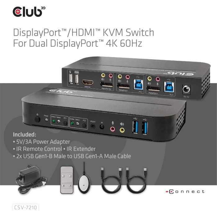 Club3D CSV-7210 KVM Switch 4K60Hz 2x DP a HDMI/DP con 2xUSB y Audio para 2 Ordenadores 10