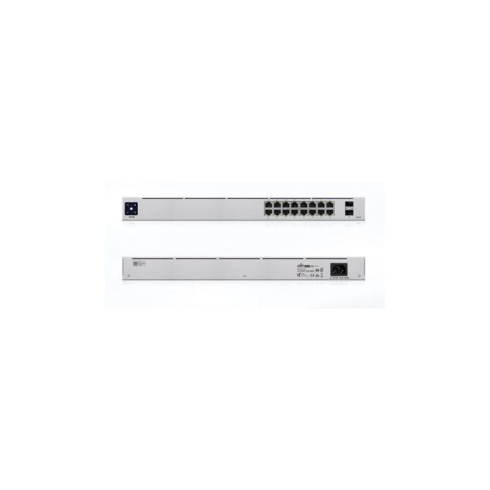 Ubiquiti UniFi 16-Port PoE Gestionado L2/L3 Gigabit Ethernet Switch, 36 Gbit/s, Montaje en Rack 1U, Plata