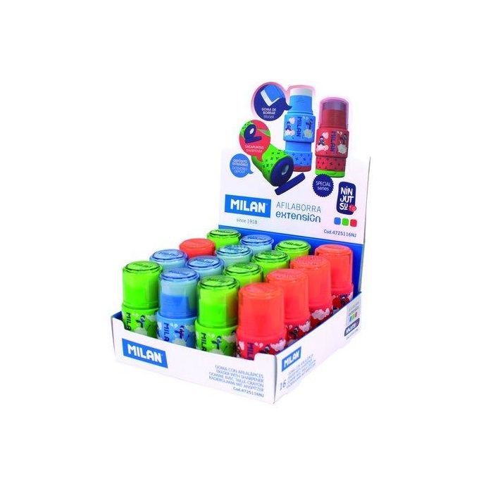 Milan Afilaborra Extension Serie Especial Ninjutsu C-Surtidos, Sacapuntas con Goma de Borrar y Depósito, Caja Expositora 16 Unidades