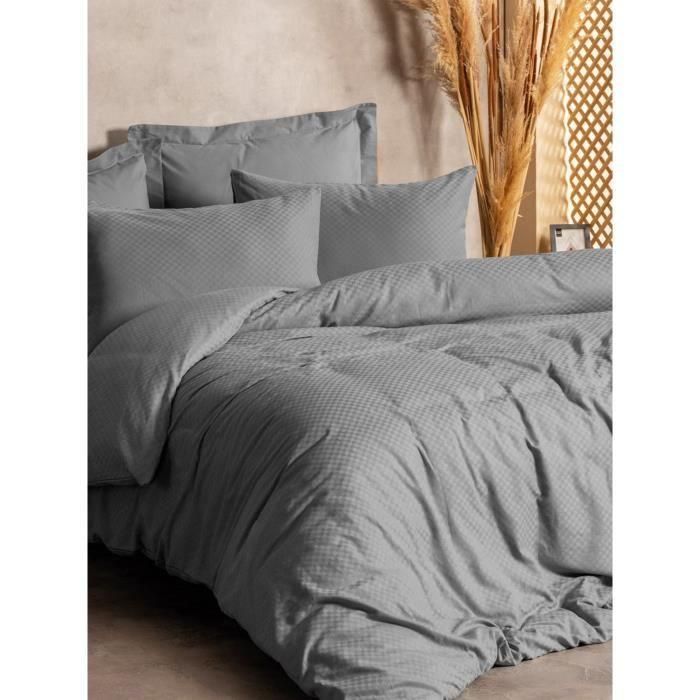 Juego de cama - 1 funda nórdica 220x240 cm + 2 fundas de almohada 60x60 cm - 100% algodón - Gris 2 Juego de cama - 1 funda nórdica 220x240 cm + 2 fundas de almohada 60x60 cm - 100% algodón - Gris 2