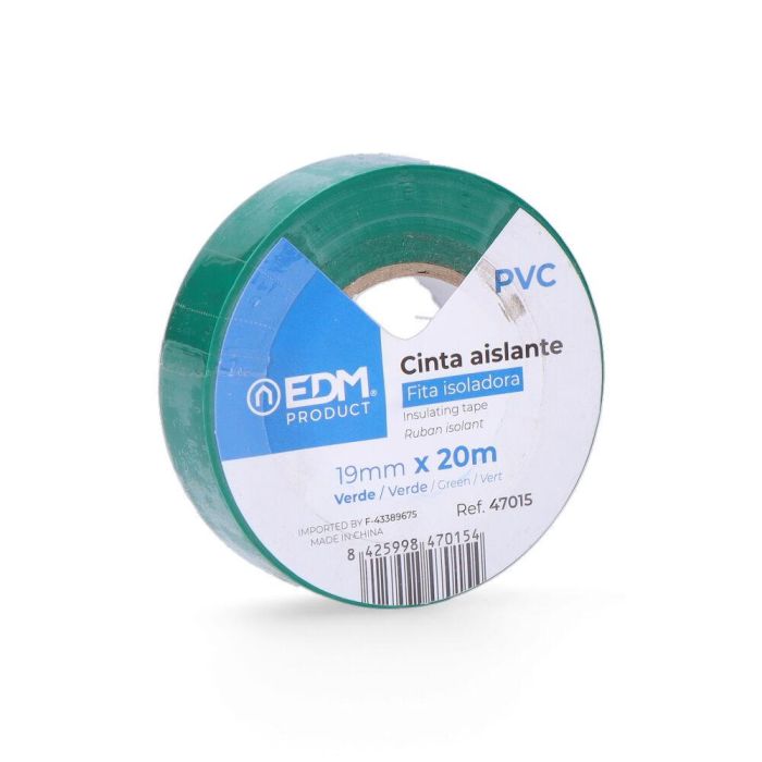 Edm Cinta Aislante Supra PVC Verde 19mm x 20m, Resistente Intemperie, para Electricidad, Grosor 0.15mm