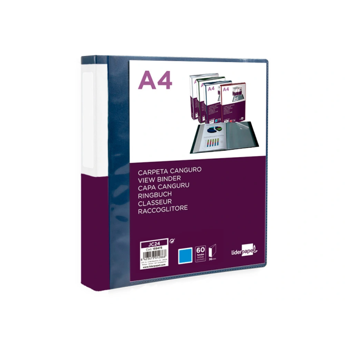 Liderpapel Carpeta 60 Fundas Canguro PP DIN A4 Azul Translúcido Portada y Lomo Personalizable 3
