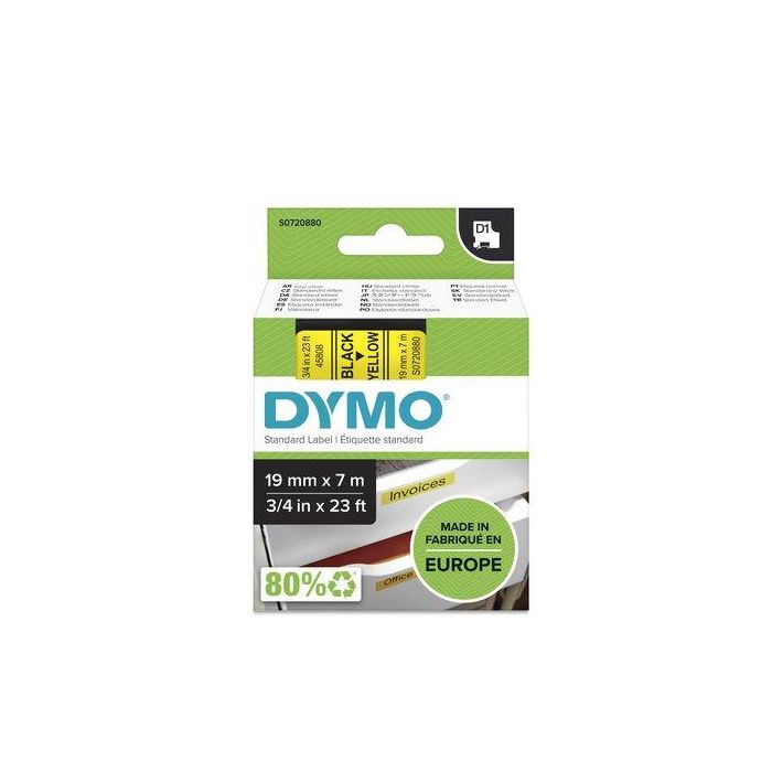 Dymo Cinta de Transferencia Térmica D1-19 45808, Negro sobre Amarillo, 19 mm x 7 m, Poliéster Autoadhesiva