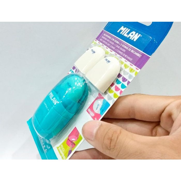 Sacapuntas Milan Capsule Plastico 1 Uso Con Goma + 2 Recambios De Goma En Blister 6