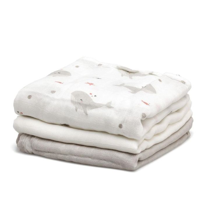 KioKids Set 3 Muselinas Bebé Océano Gris y Blanco Bambú Algodón 70x70 cm 2 KioKids Set 3 Muselinas Bebé Océano Gris y Blanco Bambú Algodón 70x70 cm 2
