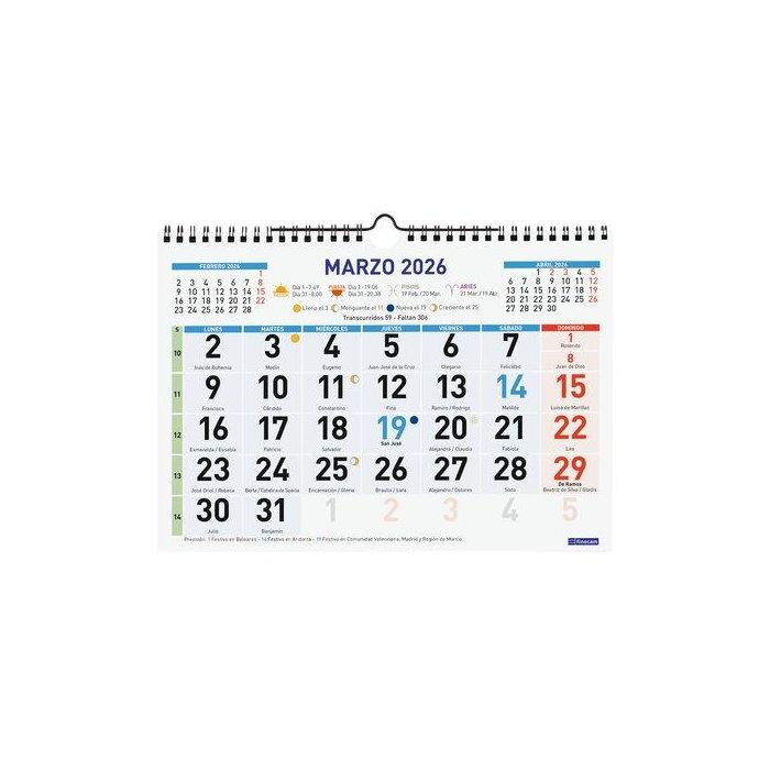 Finocam Calendario de Pared MV Números Grandes 300x210 mm Anual 2026