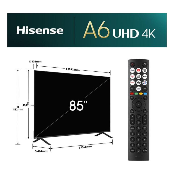 Hisense 85E6NT 85" (215 cm) Smart TV 4K UHD LED, HDR10+, Dolby Vision, VIDAA U7.6, WiFi, Bluetooth, 3xHDMI 2.0, Negro 1 Hisense 85E6NT 85" (215 cm) Smart TV 4K UHD LED, HDR10+, Dolby Vision, VIDAA U7.6, WiFi, Bluetooth, 3xHDMI 2.0, Negro 1