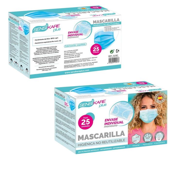 Caja de mascarillas higiénicas SensiKare 25 Piezas (12 Unidades) 1 Caja de mascarillas higiénicas SensiKare 25 Piezas (12 Unidades) 1