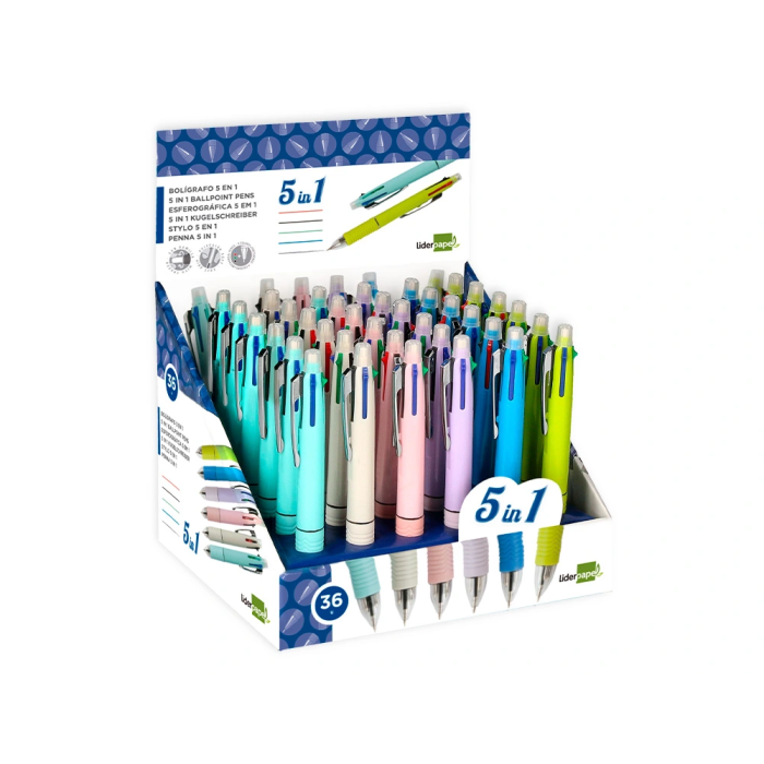 Liderpapel Bolígrafo Multifunción 5 en 1 con Portaminas, Tinta Azul, Negro, Rojo, Verde y Trazo 0,7mm 7
