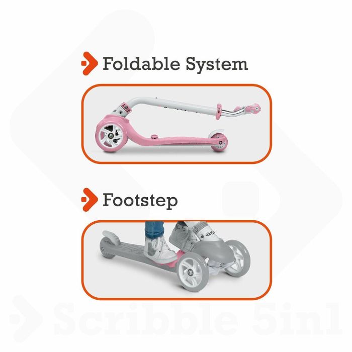 Mondo Scooter On and Go Scribble 5 en 1 plegable con 3 ruedas, manillar ajustable y freno trasero - Rosa 3