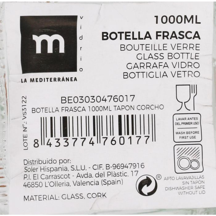 Botella Frasca 1000 ml con tapón de corcho - La Mediterranea (12 Unidades) 3 Botella Frasca 1000 ml con tapón de corcho - La Mediterranea (12 Unidades) 3