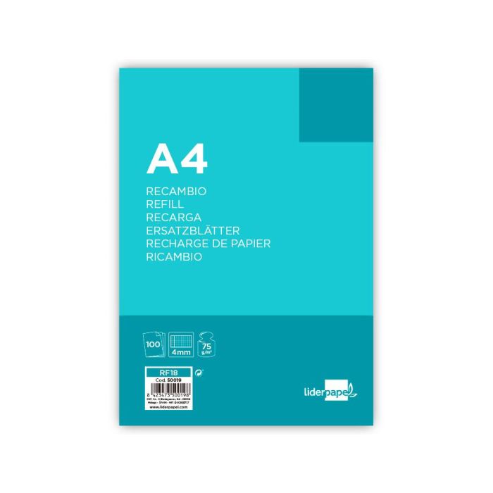 Recambio Liderpapel A4 100 Hojas 75 gr-M2 Cuadro 4 mm Con Margen 4 Taladros 1