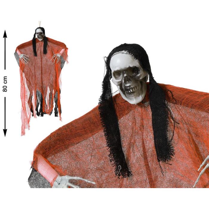 Esqueleto Colgante Con Capa Roja Y Pelo Negro 80 cm Para Decoración Halloween