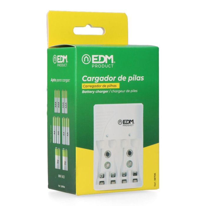 Edm Cargador de Pilas para 4 Pilas AA, AAA, 9V, 220-240V (Sin Pilas) 3
