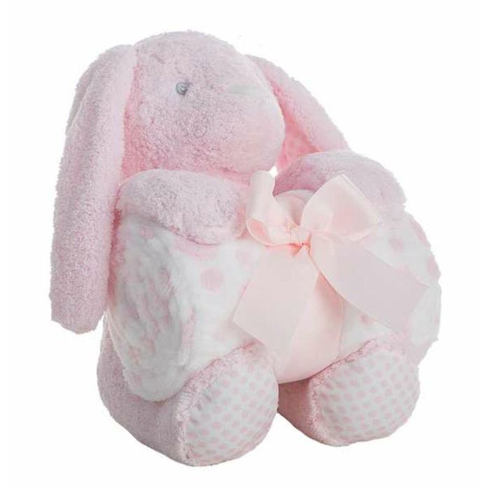 Peluche conejo rosa 28 cm con manta coralina 100x75 cm en caja