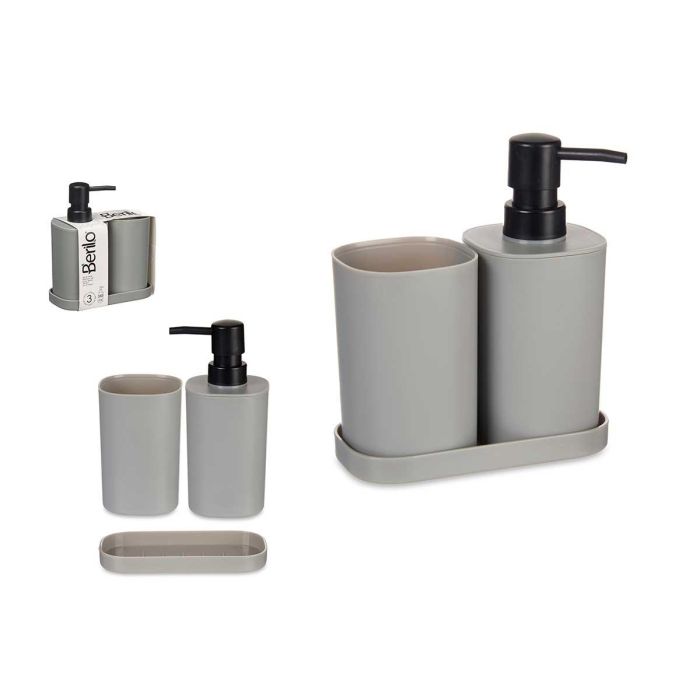 Berilo Set 3 Piezas Baño Plástico Gris 14.5x17x7.5 cm - Dispensador, Vaso y Bandeja PP (12 Unidades)