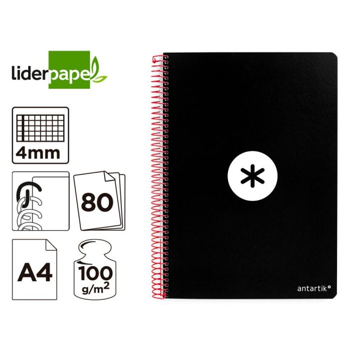 Cuaderno Espiral A4 Antartik Tapa Dura 80H 90 gr Cuadro 4 mm Con Margen Color Negro 3 unidades 7