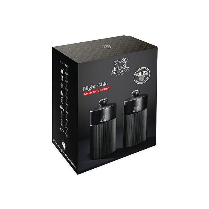 PEUGEOT Line Night Chic Salero y Pimentero Negro de Madera y Metal, Acero Inoxidable, Molienda Ajustable, 12 cm (120 mm) - Juego de 2 - 43285