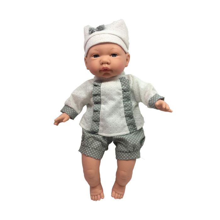 Tachan Muñeca 40 cm, Cuerpo Blando, Vestido Gris con Pantalón y Gorrito, 12 Sonidos de Bebé (Pilas Incluidas, +3 Años)