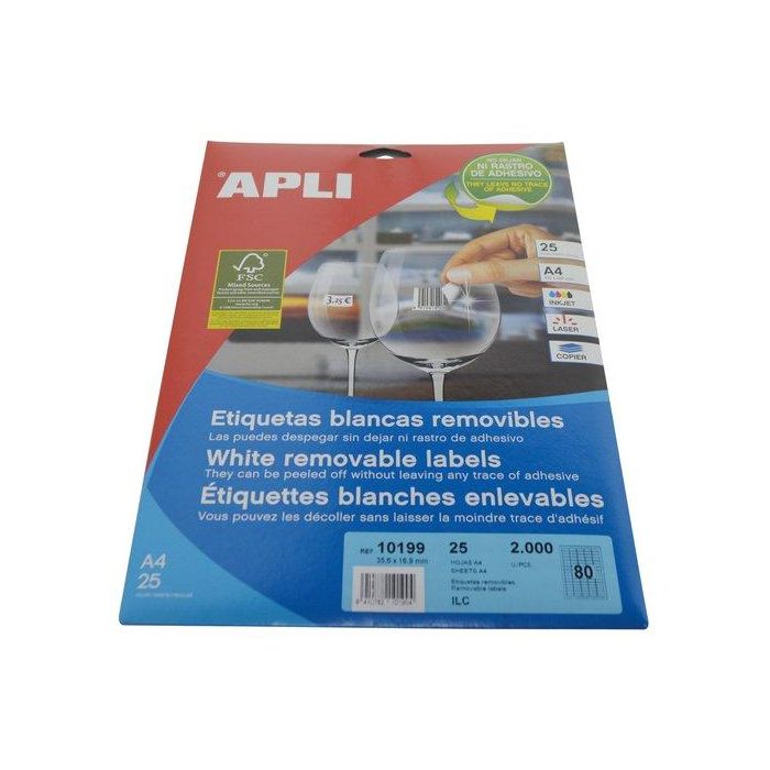 Apli Etiquetas Adhesivas 35,6x16,9 mm Blanco, A4, Compatibles con Inkjet y Láser, 80 X 25H