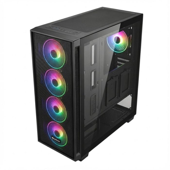 SHARKOON TK5M RGB ATX Caja de PC de Escritorio Negra con Panel Frontal de Malla y 4 Ventiladores RGB Preinstalados, Cristal Templado y USB Tipo C