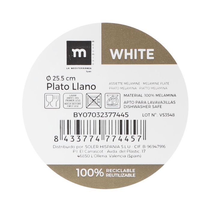 Plato Llano Melamine White 25.5 cm - La Mediterranea (24 Unidades) 1 Plato Llano Melamine White 25.5 cm - La Mediterranea (24 Unidades) 1