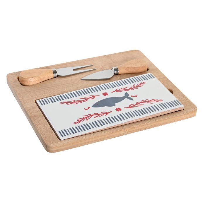 DKD Home Decor Tabla Aperitivo Mediterráneo Casitas de Bambú y Gres Azul Rojo Set de 4 Apto Lavavajillas 24.5x20x1.2 cm