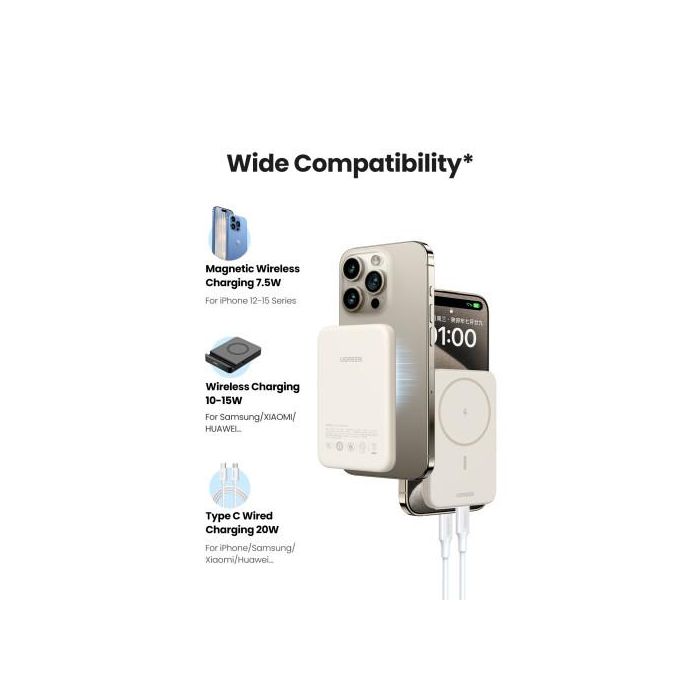UGREEN 25208 Batería Externa 10000 mAh Cargador Inalámbrico Beige para iPhone 12-15 Series, Carga Rápida PD 20W 7