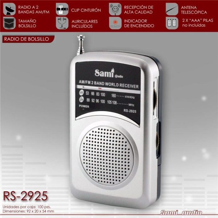 SAMI Radio AM/FM de Bolsillo Vertical con Auriculares y Clip, Portátil