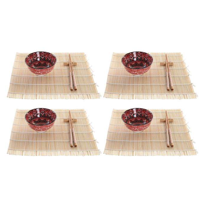 DKD Home Decor Set Sushi Oriental Fucsia 16 Piezas Bambú y Gres Apto Lavavajillas y Microondas 14.5x14.5x31 cm 1