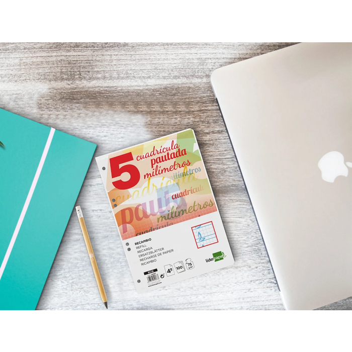 Liderpapel Recambio Cuarto 100 Hojas 75gr Cuadriculado Pautado 5mm con Margen y 6 Taladros 7