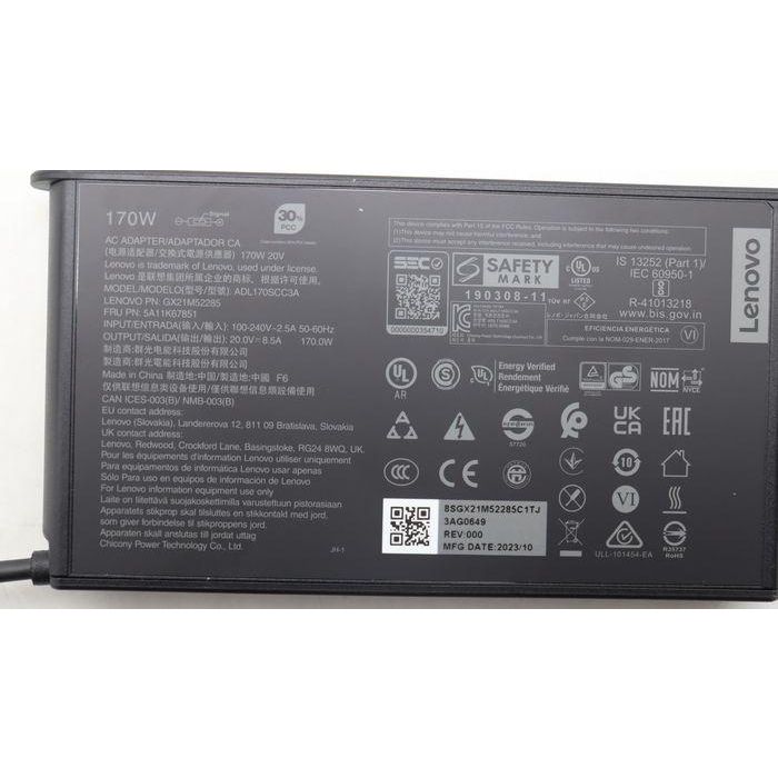 Lenovo Slim AC adapter for Lenovo laptops, 170W power output, 20V voltage, 3-phase slim tip connector. 7 Lenovo Slim AC adapter for Lenovo laptops, 170W power output, 20V voltage, 3-phase slim tip connector. 7