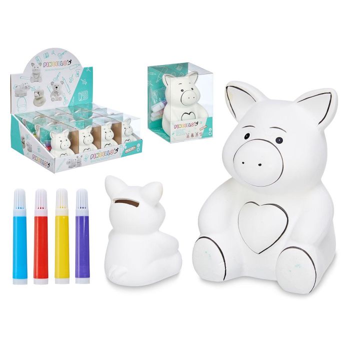 Pincello Hucha Cerdito Cerámica Blanca con 4 Rotuladores - 9x12.5x10 cm (24 Unidades)