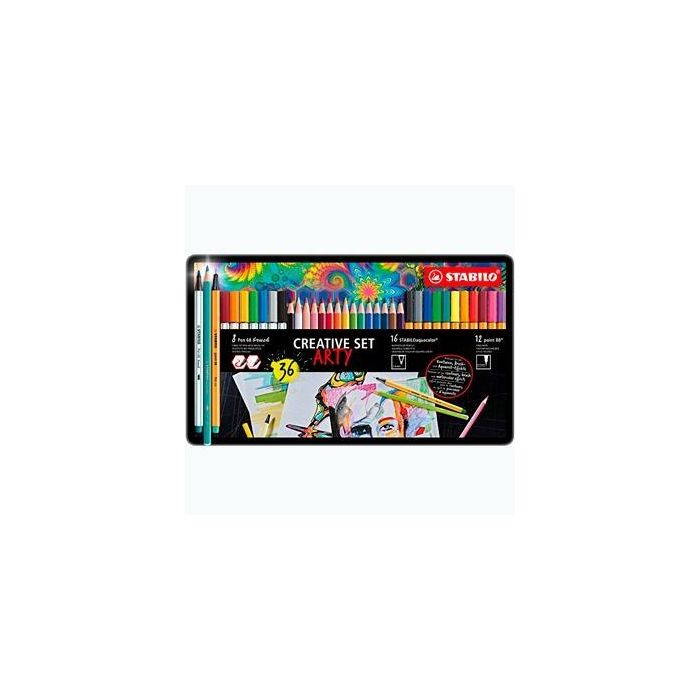 Stabilo Set Creativo Arty C-Surtidos 12 Point 88 + 8 Pen 68 Brush + 16 Aquacolor Caja Metal 36 Ud