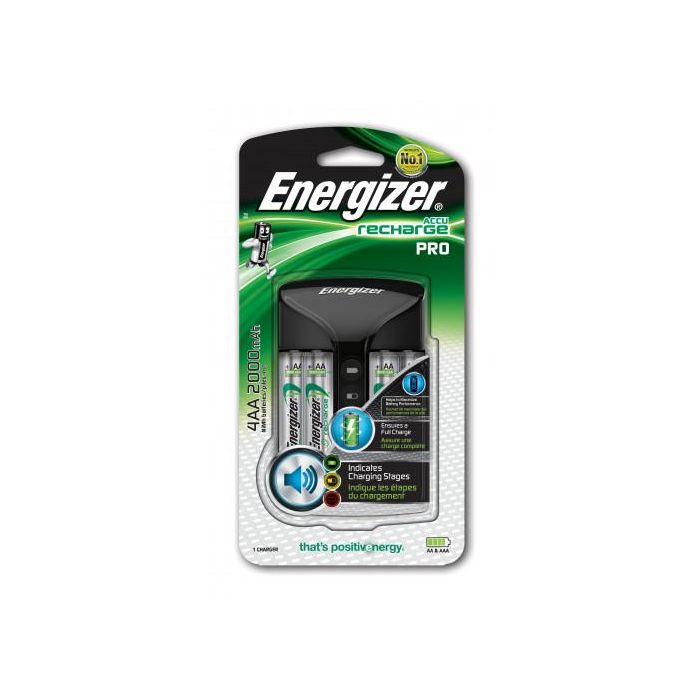 Energizer Pro Charger E300696601 - Cargador de Baterías NiMH AA/AAA, Negro, 4 Baterías Incluidas, 2000 mAh, Protección contra Sobrecarga