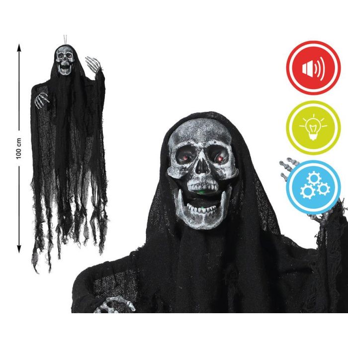 Calavera Colgante Negra Con Capucha y Luz 100 cm para Halloween