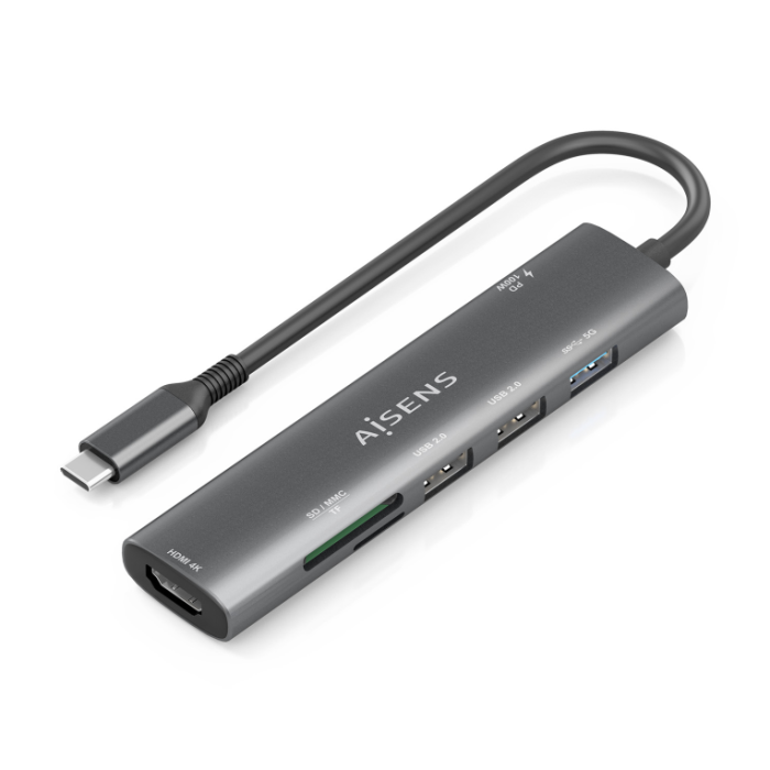 Aisens ASUC-7P025-GR Docking USB-C 7 en 1: HDMI 4K, 3xUSB, USB-C PD 100W, Lector Tarjetas, Gris para portátil
