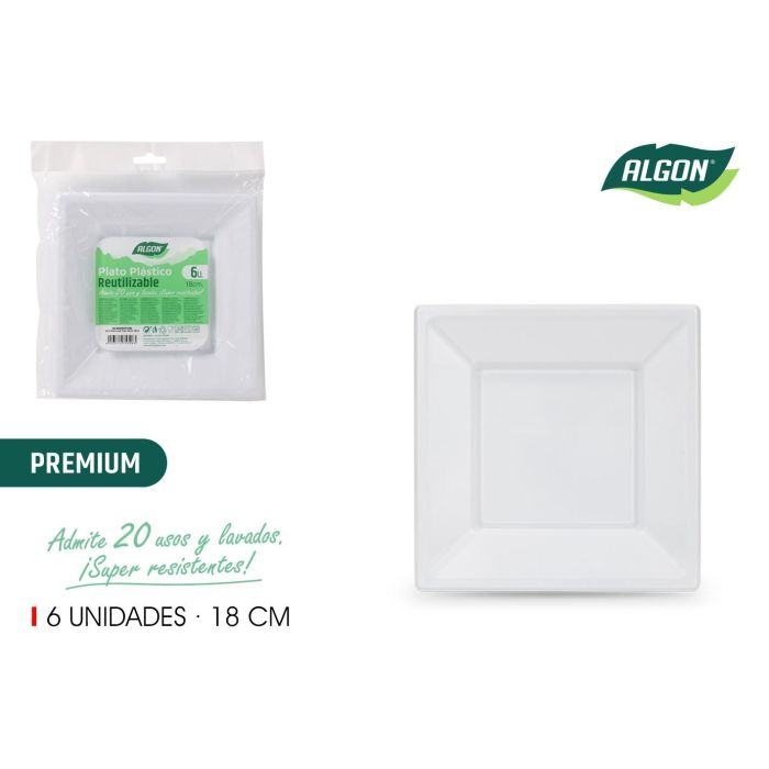 Set de 6 platos cuadrados premium de plástico Algon 18 cm (36 Cajas) Set de 6 platos cuadrados premium de plástico Algon 18 cm (36 Cajas)