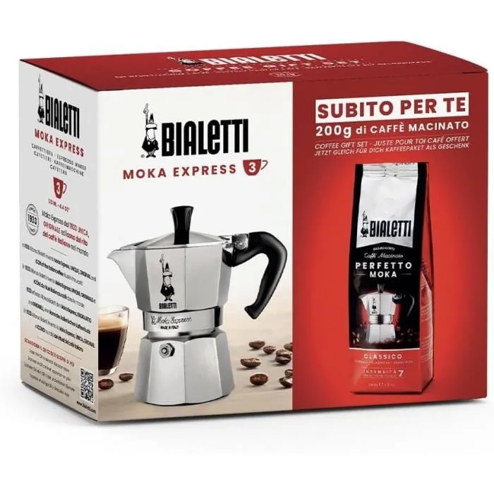 Bialetti Moka Cafetera Italiana 3 Tazas 0,30 L Plata Paquete de Café Perfetto Moka Classico 250 g 1