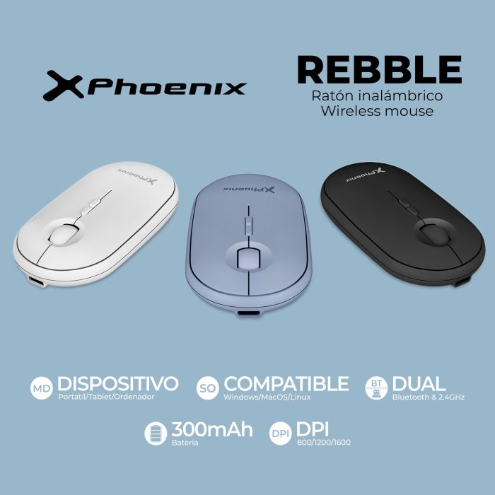 Phoenix technologies Rebble Ratón Inalámbrico Bluetooth 5.2 y Wireless 2.4 Ghz, Batería Recargable USB C, 1600 DPI, Ratón Óptico Ligero 5