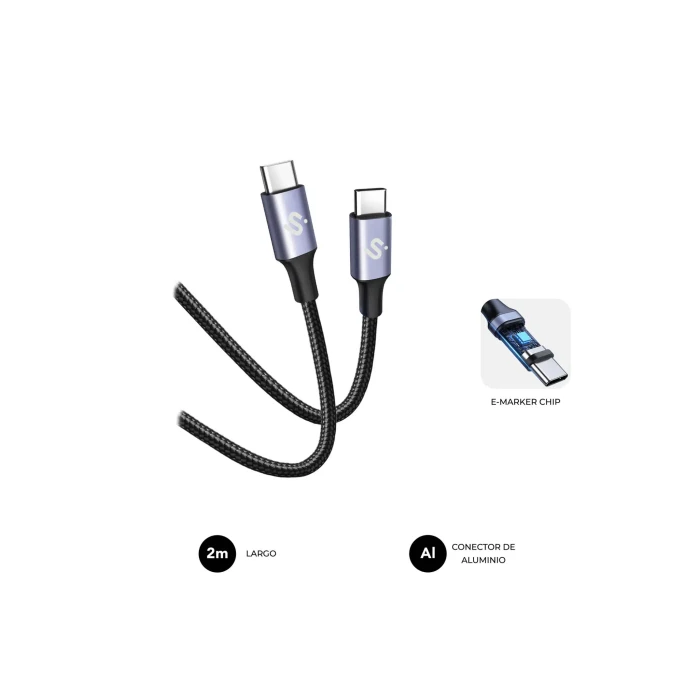 Subblim SUBCAB-C10002 Cable USB-C a USB-C 100W Carga Rápida Chip E-Marker 480Mbps Datos 2m Negro Trenzado para iPhone 15 MacBook