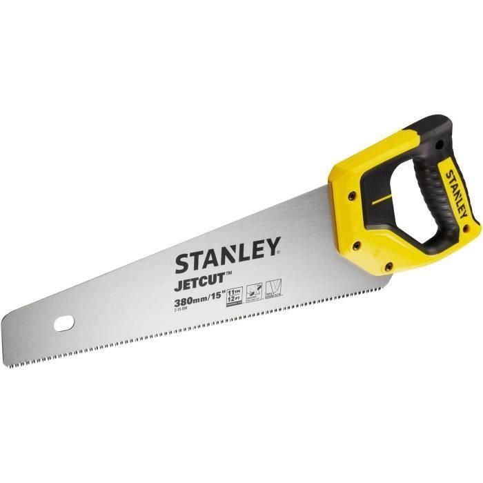 Stanley Serrucho Jet Cut Fino 380mm, Hoja Acero Alta Calidad, Mango Ergonómico Bimaterial para Carpintería y Cortes Precisos 45°/90°