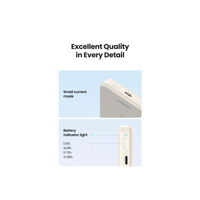 UGREEN 25208 Batería Externa 10000 mAh Cargador Inalámbrico Beige para iPhone 12-15 Series, Carga Rápida PD 20W 11