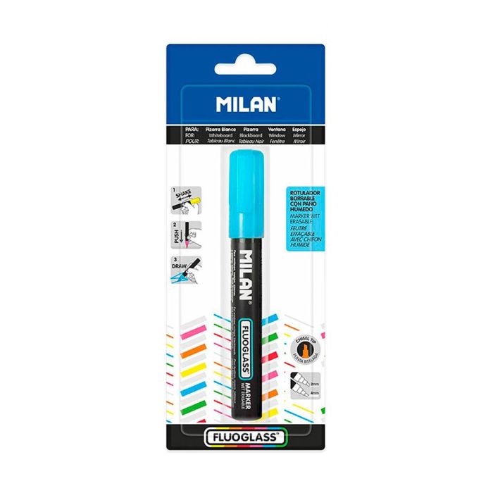 Milán Rotulador Borrable Fluoglass 2 - 4 mm Punta Biselada Tinta Intensa Color Azul para Superficies Lisas Blister 1