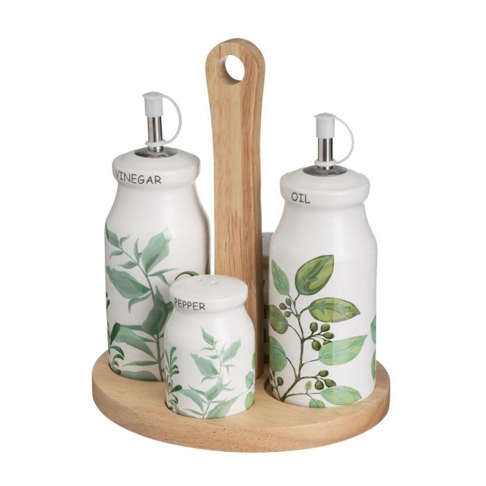 Set de Aceitera y Vinagrera GREENS Blanco Verde Madera Gres 210 ml 21 x 8,5 x 18 cm 4 Piezas