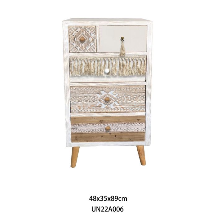 DKD Home Decor Cajonera Boho de 4 Cajones, Abeto y Algodón, Colores Blanco y Natural, 48 cm Ancho x 35 cm Fondo x 89 cm Alto