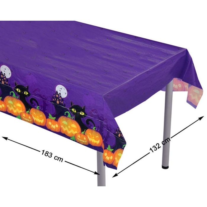 Mantel Halloween Violeta Con Calabazas Y Gato 183x132 cm 0 Mantel Halloween Violeta Con Calabazas Y Gato 183x132 cm 0
